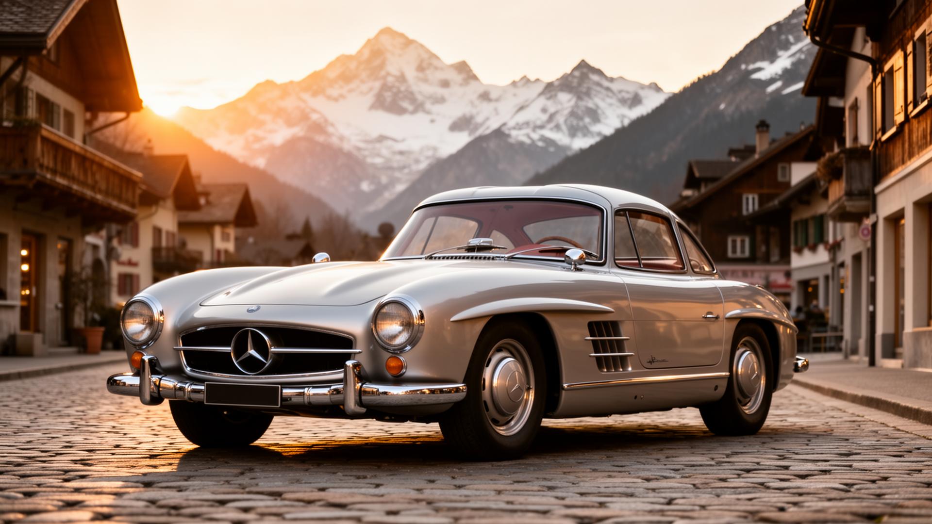 Klassischer Mercedes-Benz 300 SL vor Schweizer Alpenkulisse